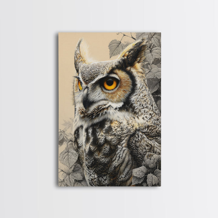 Owl Portrait with Wise Golden Eyes Canvas Print, Bird Art, Printable Art, Living Room Decor, Flight, Mid Century Wall Art, BIR-2x3-61