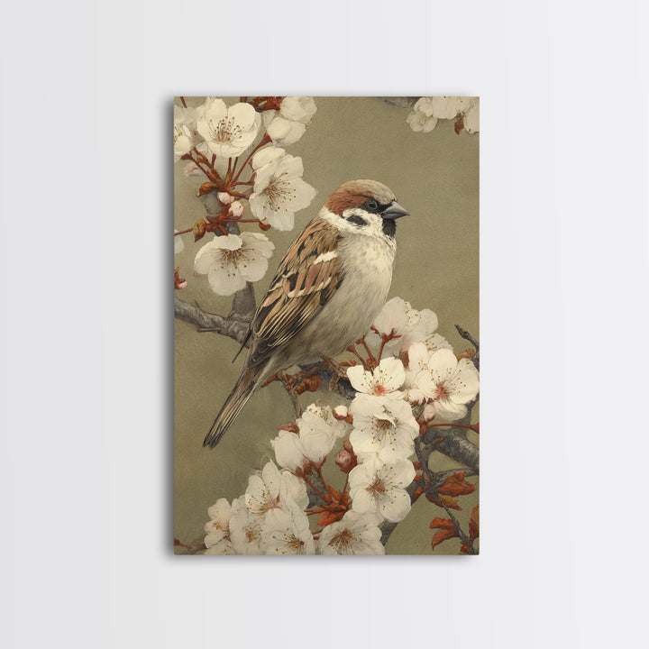 Songbird Perched on Cherry Blossoms Framed Canvas Print, Bird Art, Room Decor, Living Room Decor, Fine Art, Flight, BIR-2x3-64