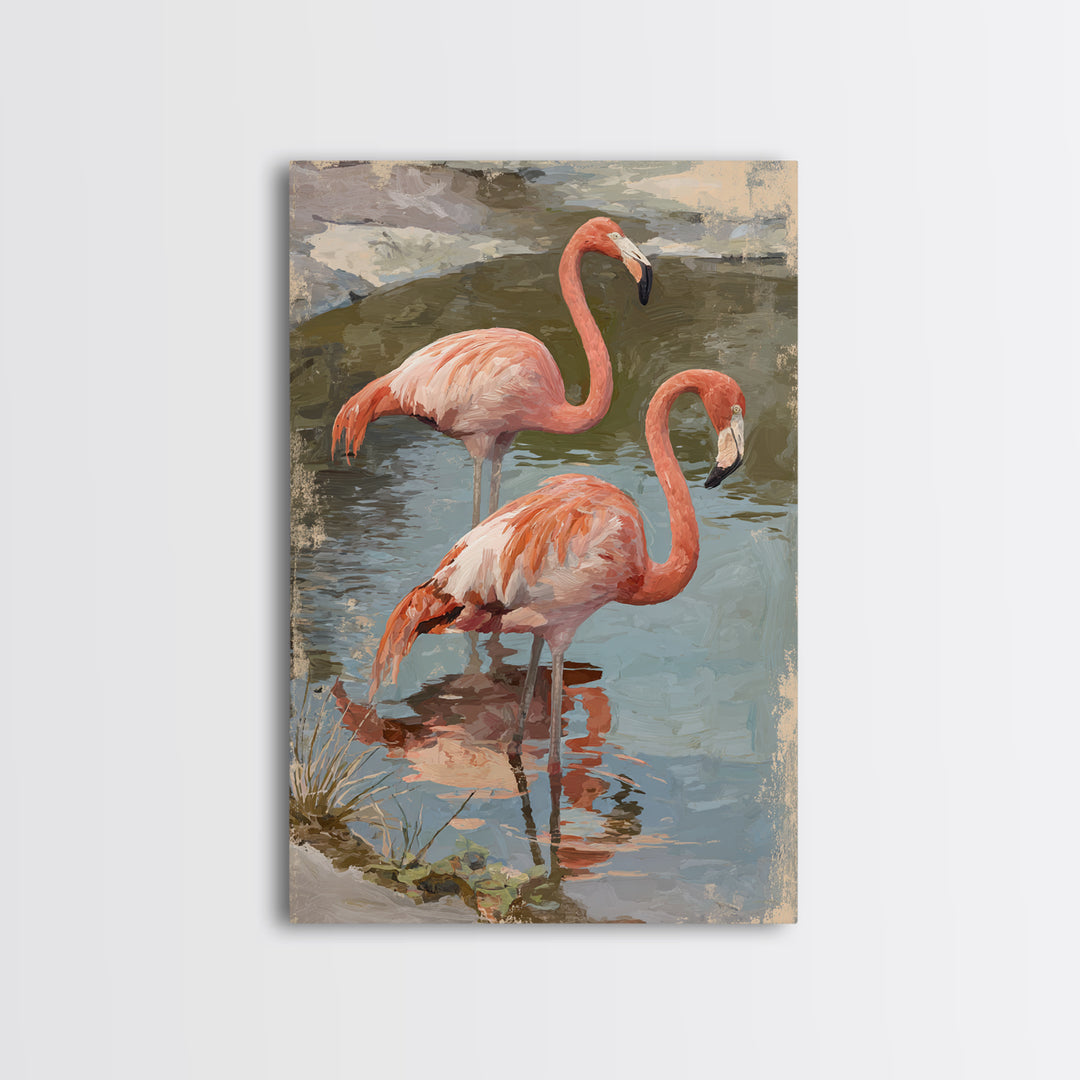 Flamingo Pair in Coral Water Reflections Canvas Print, Bird Art, Home Decor, Living Room Decor, Oil Painting, Flight, BIR-2x3-66