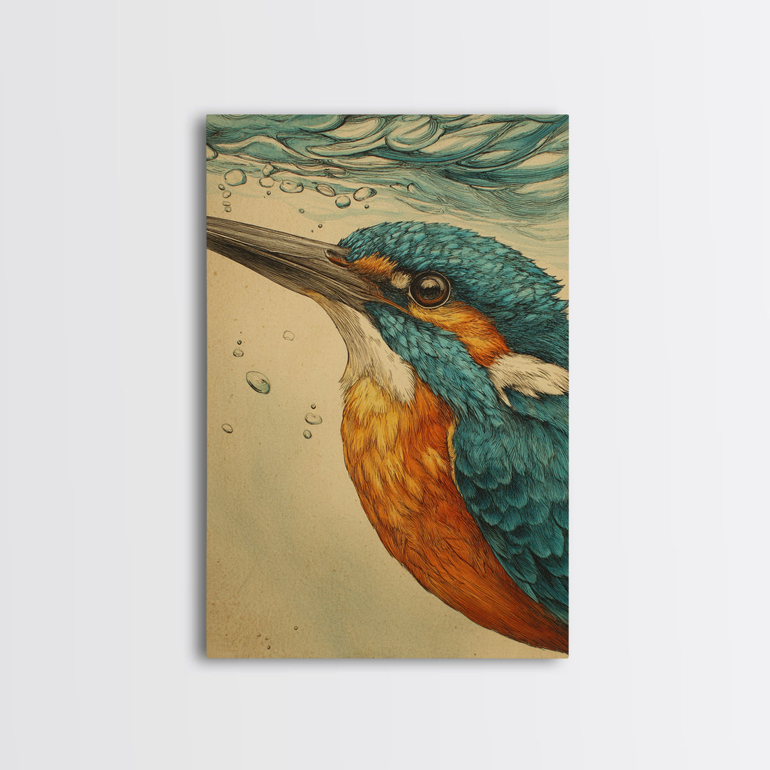 Kingfisher Diving Toward Blue Water Canvas Print, Bird Art, Mid Century Modern, Living Room Decor, Flight, Botanical Wall Art, BIR-2x3-67