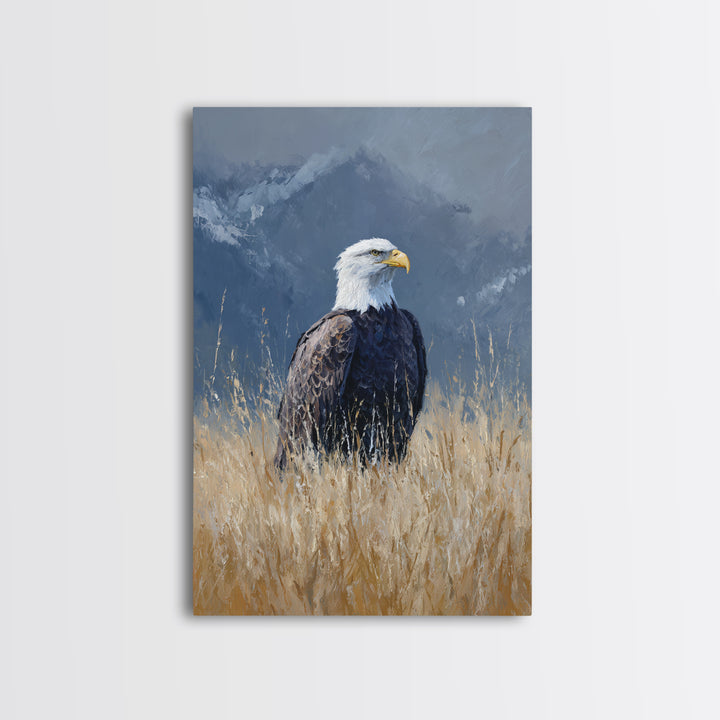 Eagle Portrait with Dramatic Mountain Wind Framed Canvas Print, Bird Art, Digital Print, Living Room Decor, Fine Art, Flight, BIR-2x3-68