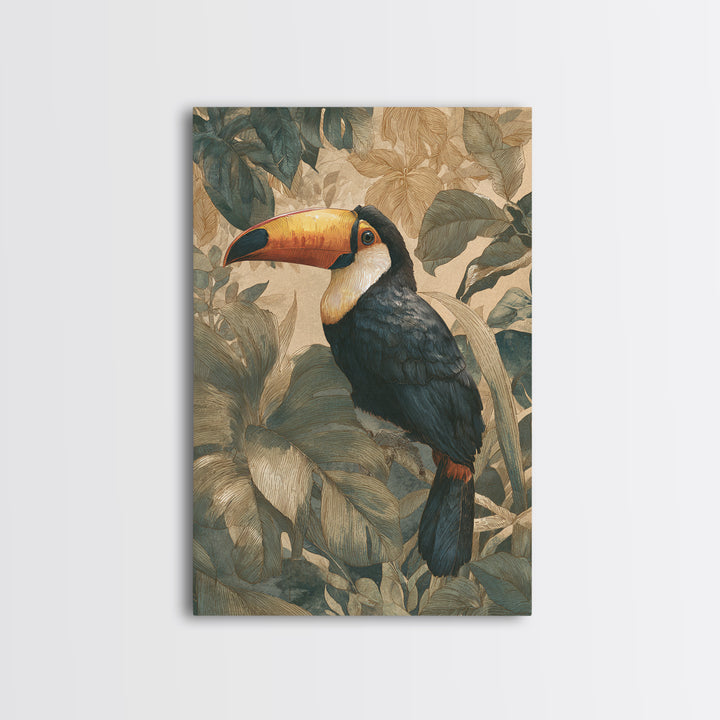 Toucan Framed by Bold Jungle Foliage Canvas Print, Bird Art, Nature Prints, Living Room Decor, Fine Art, Flight, Boho Decor, BIR-2x3-7