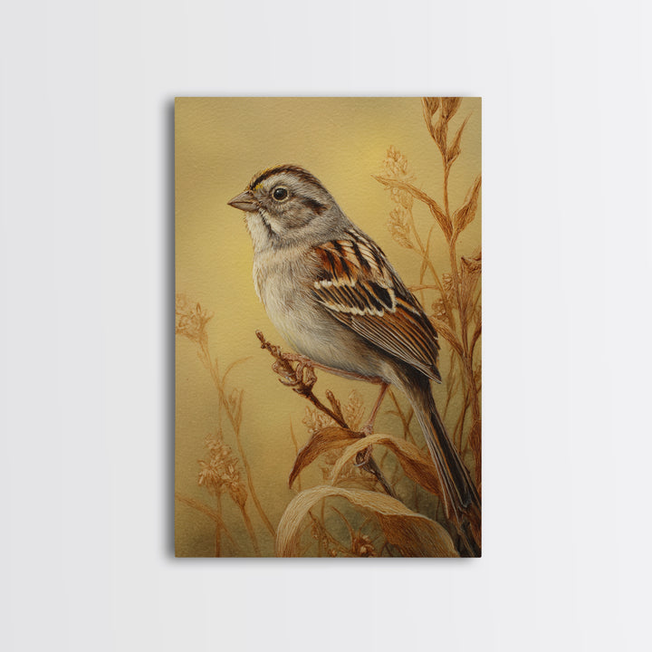 Small Sparrow on Wildflower Stem Canvas Print, Bird Art, Wall Decor, Living Room Decor, Oil Painting, Flight, Boho Wall Decor, BIR-2x3-70