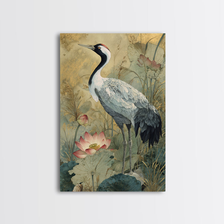 Crane and Lotus Composition Framed Canvas Print, Bird Art, Watercolor Painting, Living Room Decor, Flight, Living Room Art, BIR-2x3-73