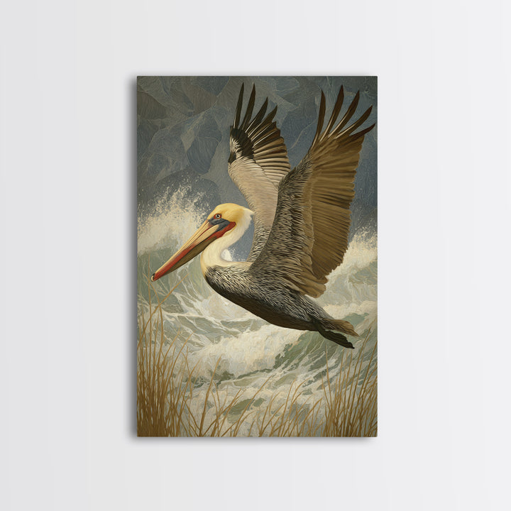Pelican Flying over Coastal Waves Framed Canvas Print, Bird Art, Digital Prints, Living Room Decor, Watercolor Art, Flight, BIR-2x3-74