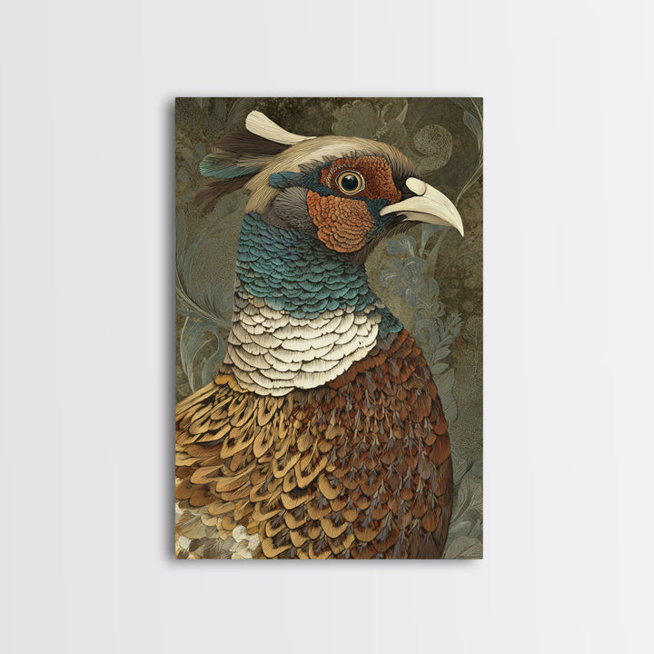 Pheasant with Ornate Feather Details Framed Canvas Print, Bird Art, Original Art, Living Room Decor, Fine Art, Flight, BIR-2x3-75