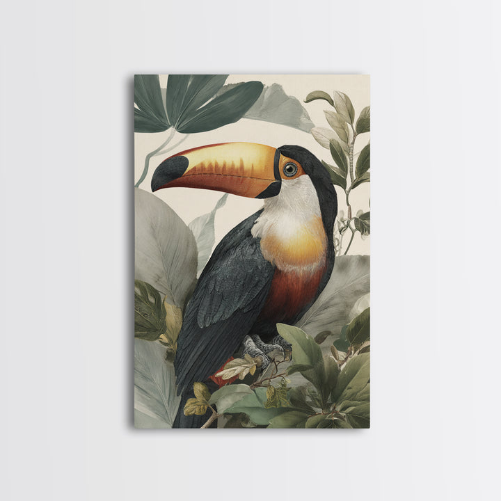 Toucan Framed by Bold Jungle Foliage Canvas Print, Bird Art, Wall Decor, Living Room Decor, Fine Art, Flight, Boho Wall Decor, BIR-2x3-79