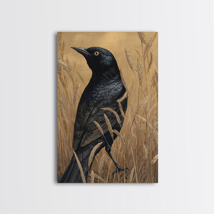 Blackbird on Gold Wheat Field Framed Canvas Print, Bird Art, Bird Prints, Living Room Decor, Oil Painting, Flight, Modern Decor, BIR-2x3-8