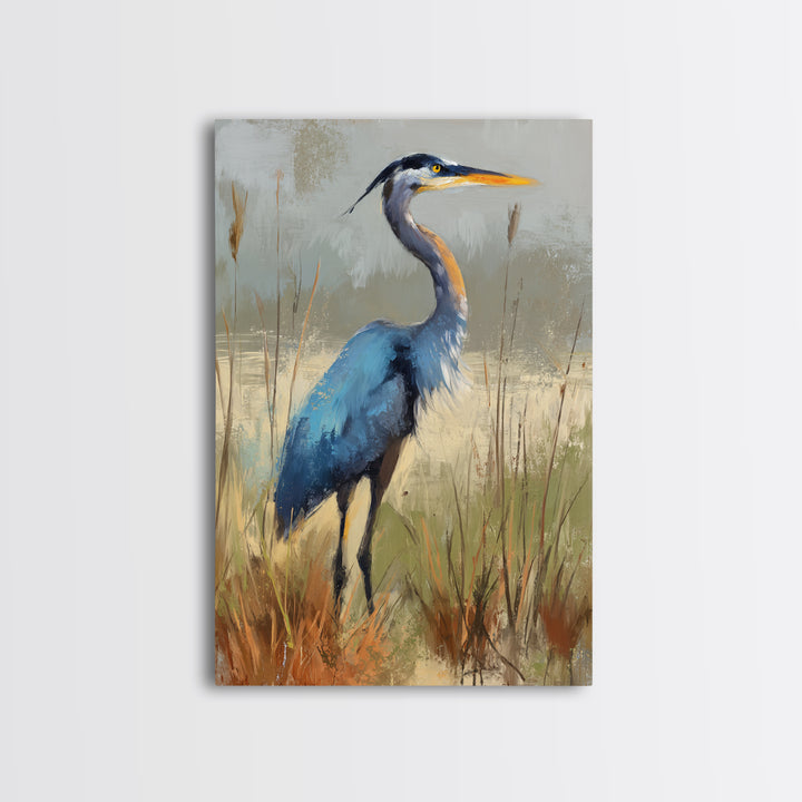 Blue Heron in Misty Marsh Grass Canvas Print, Bird Art, Mid Century Modern, Living Room Decor, Flight, Botanical Wall Art, BIR-2x3-82