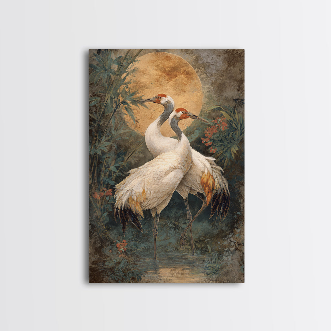 Pair of Cranes Dancing Framed Canvas Print, Bird Art, Boho Wall Decor, Living Room Decor, Abstract Art, Flight, Nature Wall Art, BIR-2x3-83