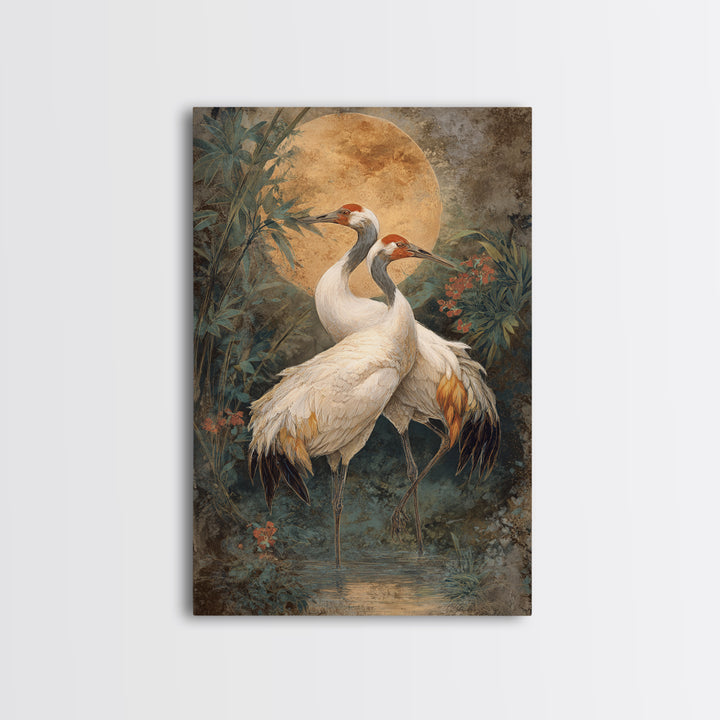 Pair of Cranes Dancing Framed Canvas Print, Bird Art, Boho Wall Decor, Living Room Decor, Abstract Art, Flight, Nature Wall Art, BIR-2x3-83
