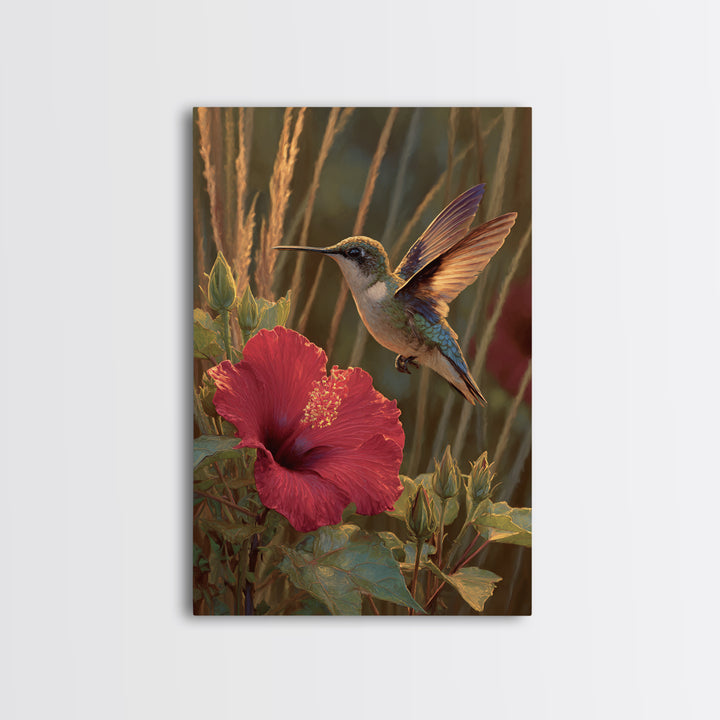 Hummingbird Hovering Beside Bright Hibiscus Framed Canvas Print, Bird Art, Nature Prints, Living Room Decor, Fine Art, Flight, BIR-2x3-84