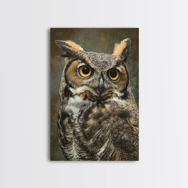 Owl Portrait with Wise Golden Eyes Framed Canvas Print, Bird Art, Boho Wall Decor, Living Room Decor, Fine Art, Flight, BIR-2x3-85
