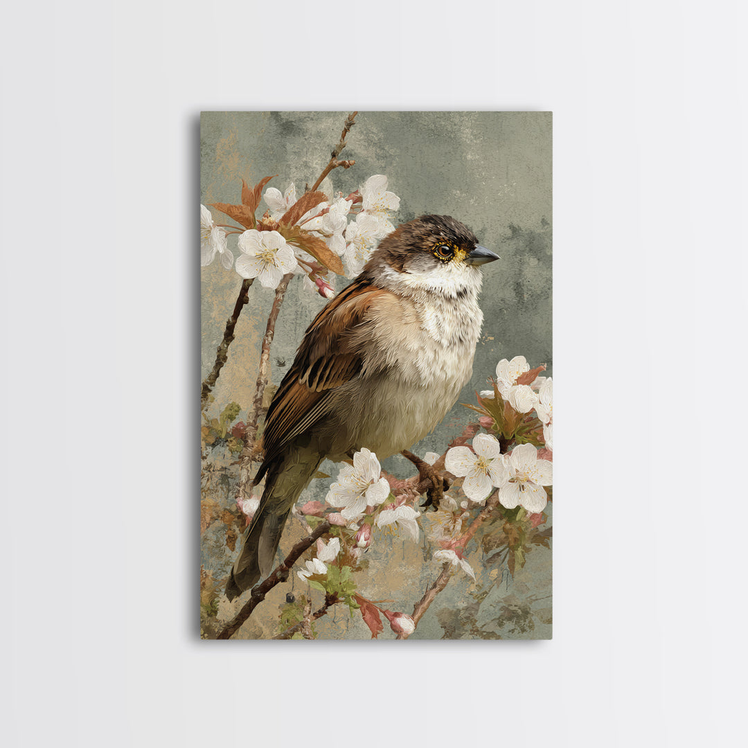 Songbird Perched on Cherry Blossoms Framed Canvas Print, Bird Art, Original Art, Living Room Decor, Fine Art, Flight, BIR-2x3-88