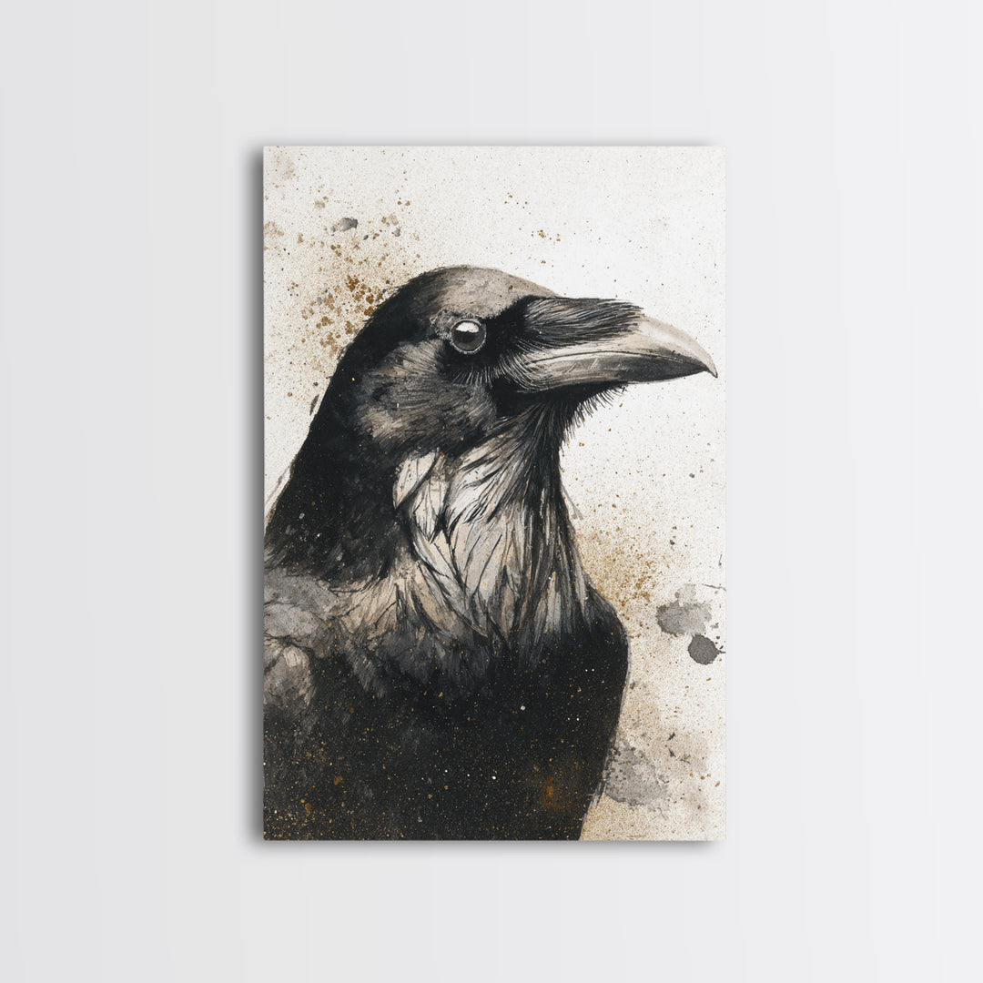 Raven Silhouette with Gothic Atmosphere Framed Canvas Print, Bird Art, Living Room Decor, Watercolor Art, Flight, BIR-2x3-89