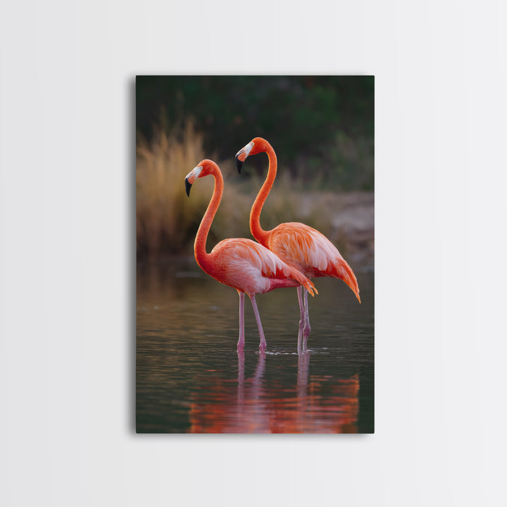 Flamingo Pair in Coral Water Reflections Framed Canvas Print, Bird Art, Original Art, Living Room Decor, Fine Art, Flight, BIR-2x3-90