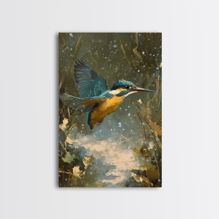 Kingfisher Diving Toward Blue Water Canvas Print, Bird Art, Modern Art, Living Room Decor, Fine Art, Flight, Floral Art, BIR-2x3-91