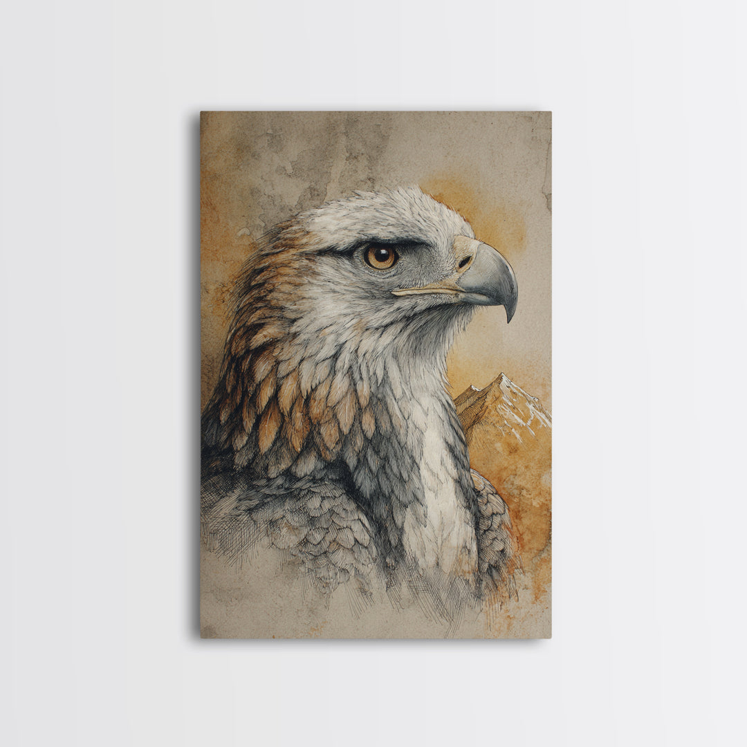 Eagle Portrait with Dramatic Mountain Wind Framed Canvas Print, Bird Art, Gallery Decor, Living Room Decor, Fine Art, Flight, BIR-2x3-92