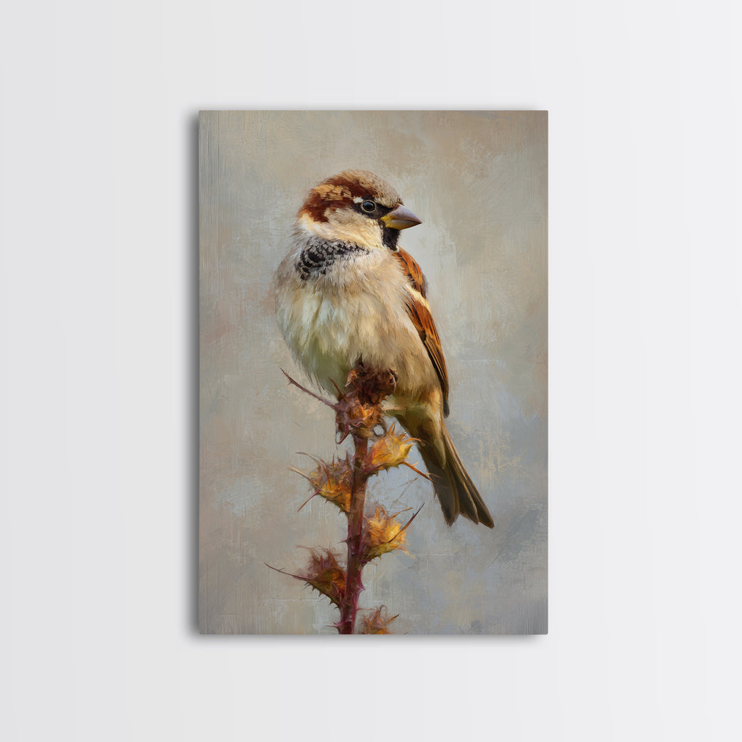 Small Sparrow on Wildflower Stem Framed Canvas Print, Bird Art, Digital Print, Living Room Decor, Watercolor Art, Flight, BIR-2x3-94
