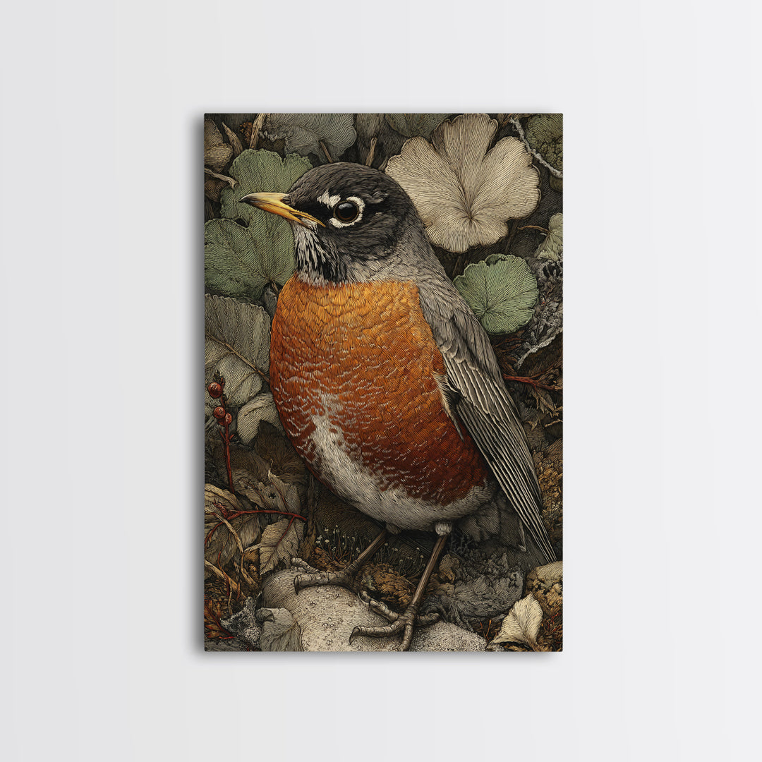Robin in a Spring Garden with Soft Canvas Print, Bird Art, Botanical Wall Art, Living Room Decor, Watercolor Art, Flight, BIR-2x3-95