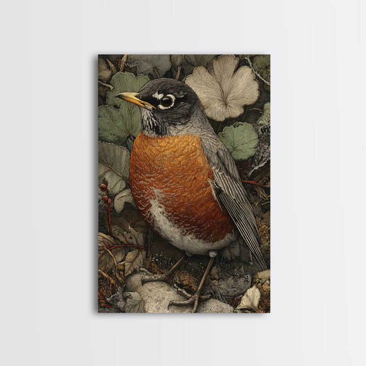 Robin in a Spring Garden with Soft Canvas Print, Bird Art, Botanical Wall Art, Living Room Decor, Watercolor Art, Flight, BIR-2x3-95
