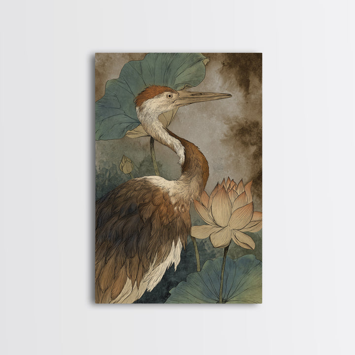 Crane and Lotus Composition Framed Canvas Print, Bird Art, Watercolor Painting, Living Room Decor, Flight, Living Room Art, BIR-2x3-97