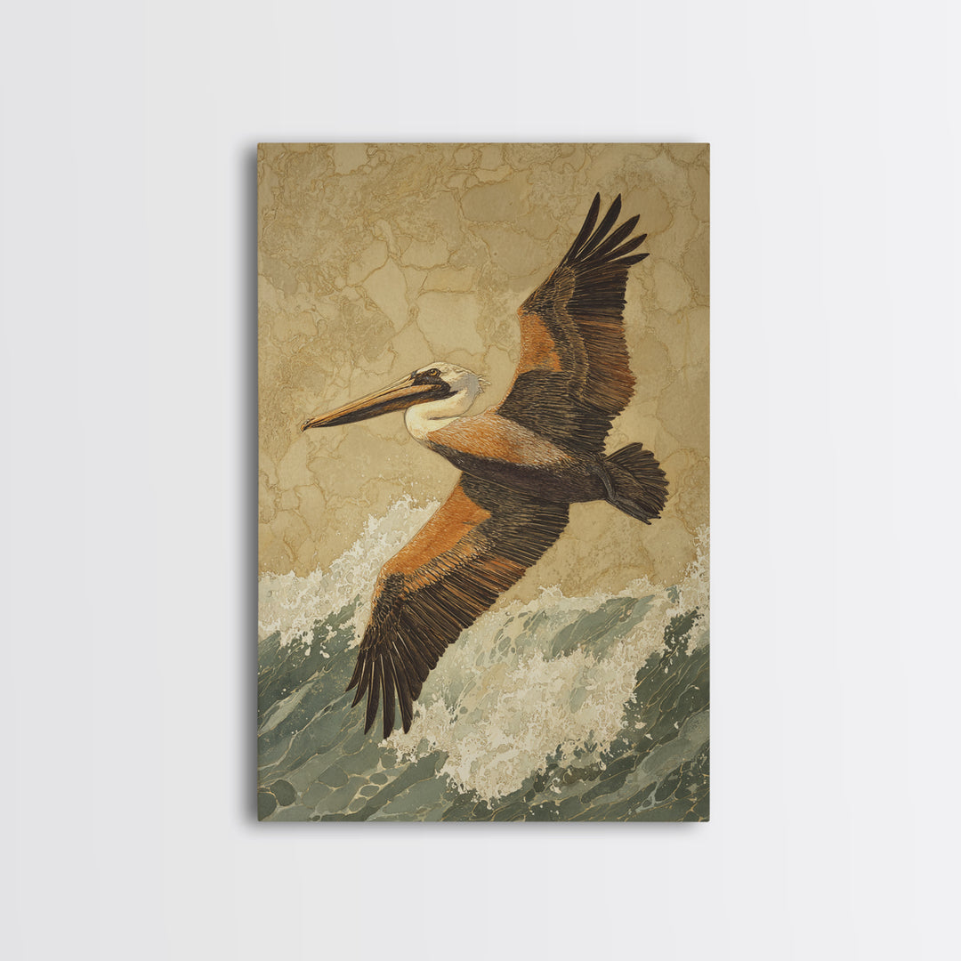 Pelican Flying over Coastal Waves Framed Canvas Print, Bird Art, Digital Prints, Living Room Decor, Watercolor Art, Flight, BIR-2x3-98