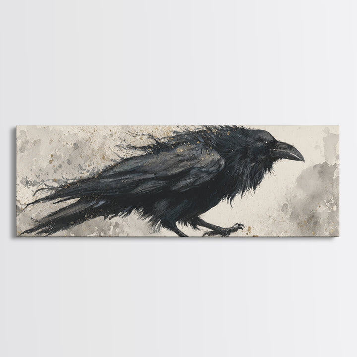 Raven Silhouette with Gothic Atmosphere Framed Canvas Print, Bird Art, Modern Wall Art, Living Room Decor, Fine Art, Flight, BIR-3x1-1