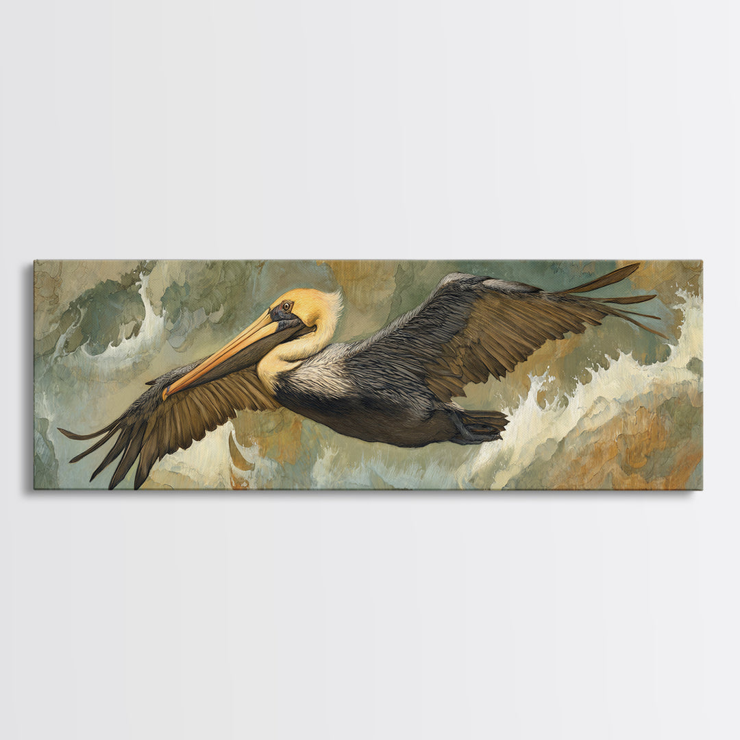 Pelican Flying over Coastal Waves Framed Canvas Print, Bird Art, Home Decor, Living Room Decor, Flight, Modern Wall Art, BIR-3x1-10