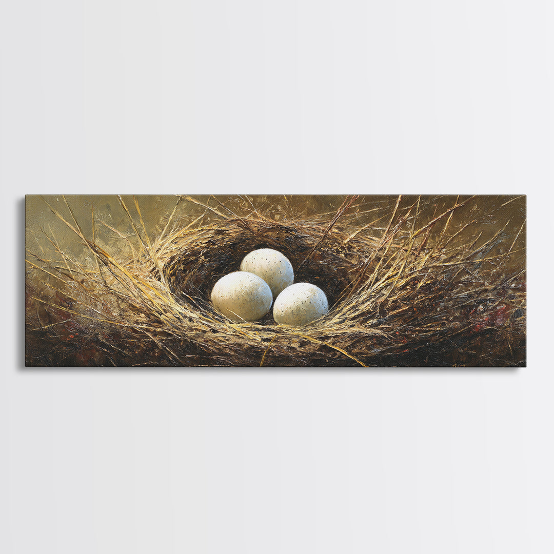 Bird Nest with Eggs and Delicate Twigs Canvas Print, Bird Art, Floral Art, Living Room Decor, Fine Art, Flight, BIR-3x1-14