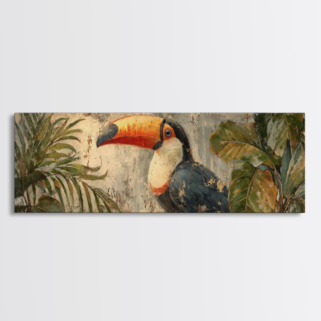 Toucan Framed by Bold Jungle Foliage Framed Canvas Print, Bird Art, Rustic Home Decor, Living Room Decor, Fine Art, Flight, BIR-3x1-15