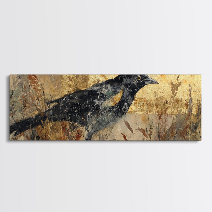 Blackbird on Gold Wheat Field Canvas Print, Bird Art, Mcm Decor, Living Room Decor, Flight, Neutral Decor, Modern Decor, BIR-3x1-16