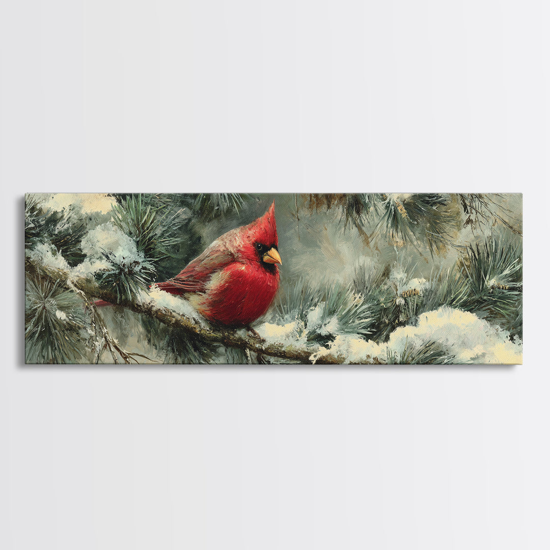 Red Cardinal on Snowy Pine Branch Framed Canvas Print, Bird Art, Botanical Wall Art, Living Room Decor, Watercolor Art, Flight, BIR-3x1-17
