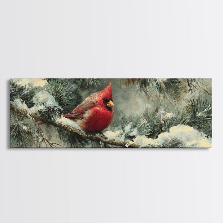 Red Cardinal on Snowy Pine Branch Framed Canvas Print, Bird Art, Botanical Wall Art, Living Room Decor, Watercolor Art, Flight, BIR-3x1-17