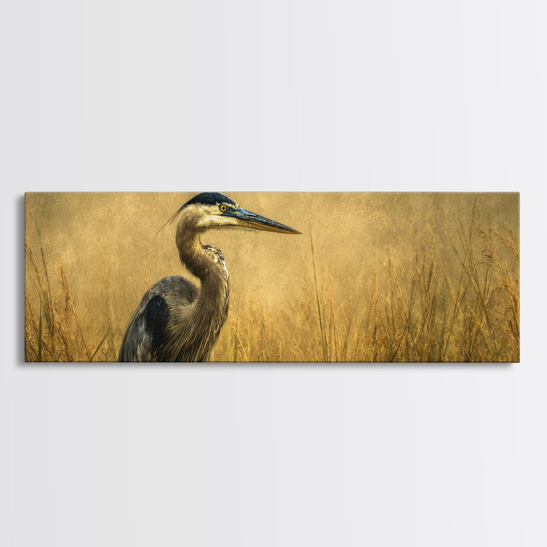 Blue Heron in Misty Marsh Grass Framed Canvas Print, Bird Art, Printable Art, Living Room Decor, Flight, Mid Century Wall Art, BIR-3x1-18