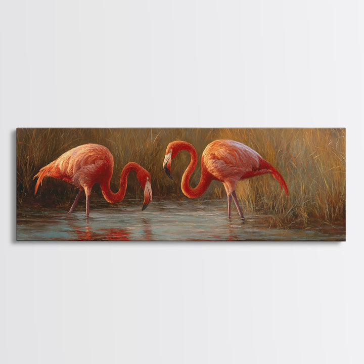 Flamingo Pair in Coral Water Reflections Framed Canvas Print, Bird Art, Mid Century Modern, Living Room Decor, Fine Art, Flight, BIR-3x1-2