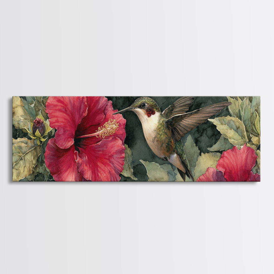 Hummingbird Hovering Beside Bright Hibiscus Canvas Print, Bird Art, Bird Wall Art, Living Room Decor, Fine Art, Flight, BIR-3x1-20