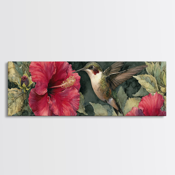 Hummingbird Hovering Beside Bright Hibiscus Canvas Print, Bird Art, Bird Wall Art, Living Room Decor, Fine Art, Flight, BIR-3x1-20
