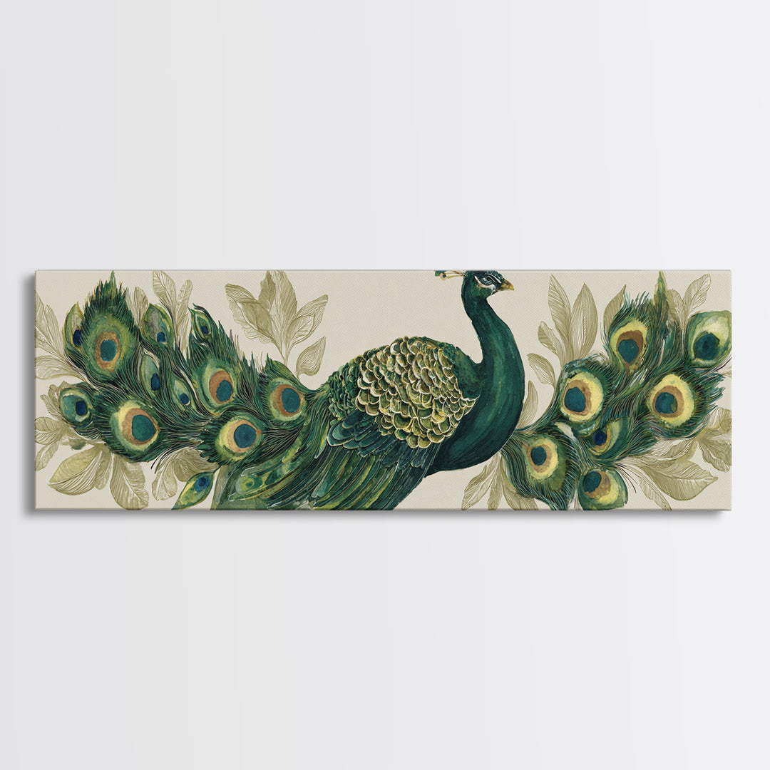 Peacock with Jewel Tone Feather Pattern Framed Canvas Print, Bird Art, Boho Decor, Living Room Decor, Fine Art, Flight, BIR-3x1-23