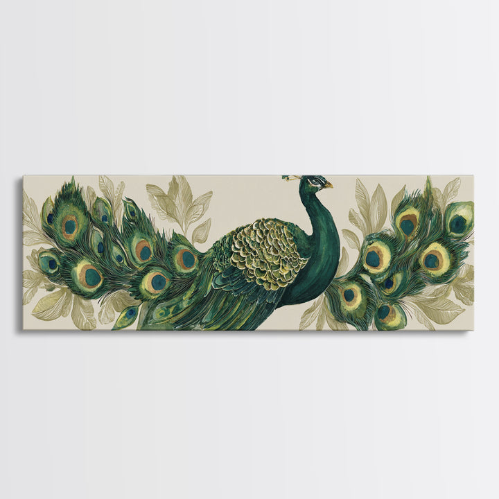 Peacock with Jewel Tone Feather Pattern Framed Canvas Print, Bird Art, Boho Decor, Living Room Decor, Fine Art, Flight, BIR-3x1-23