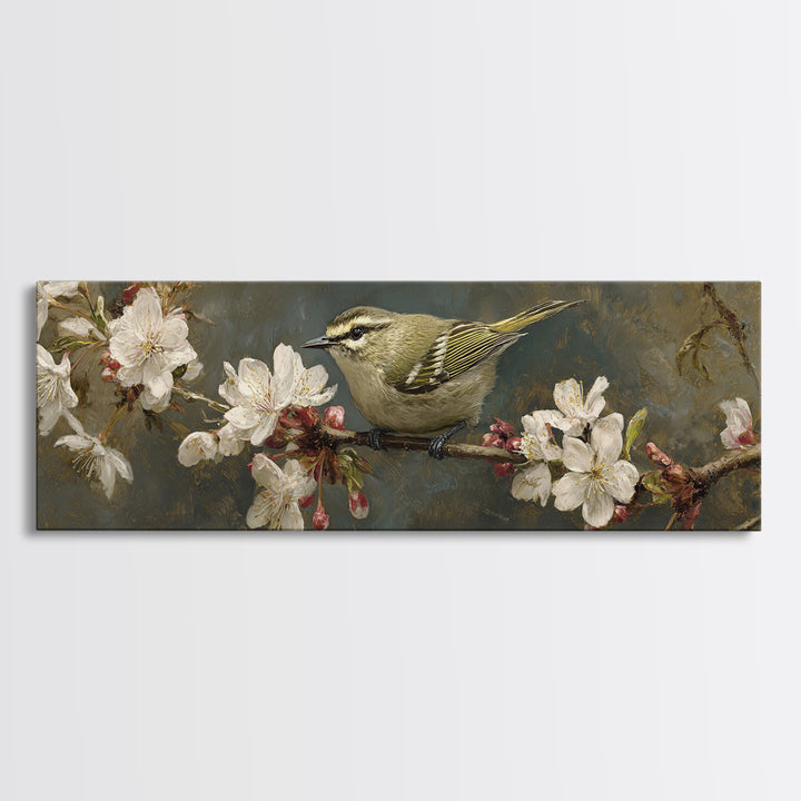 Songbird Perched on Cherry Blossoms Canvas Print, Bird Art, Nature Wall Art, Living Room Decor, Fine Art, Flight, BIR-3x1-24