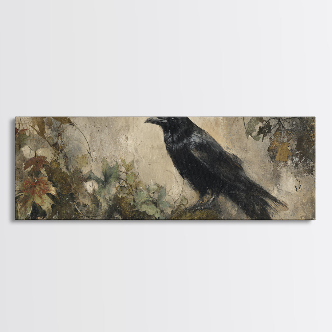 Raven Silhouette with Gothic Atmosphere Canvas Print, Bird Art, Mcm Decor, Living Room Decor, Abstract Art, Flight, BIR-3x1-25