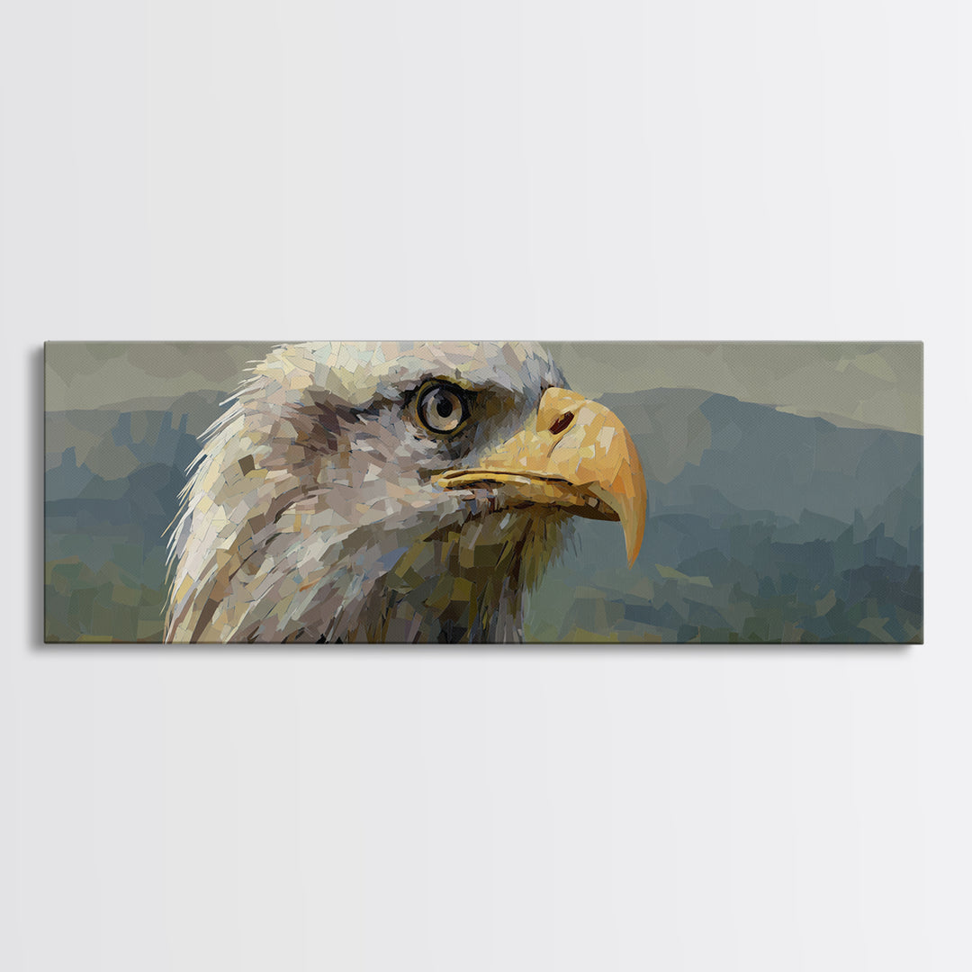Eagle Portrait with Dramatic Mountain Wind Framed Canvas Print, Bird Art, Rustic Home Decor, Living Room Decor, Oil Painting, BIR-3x1-28