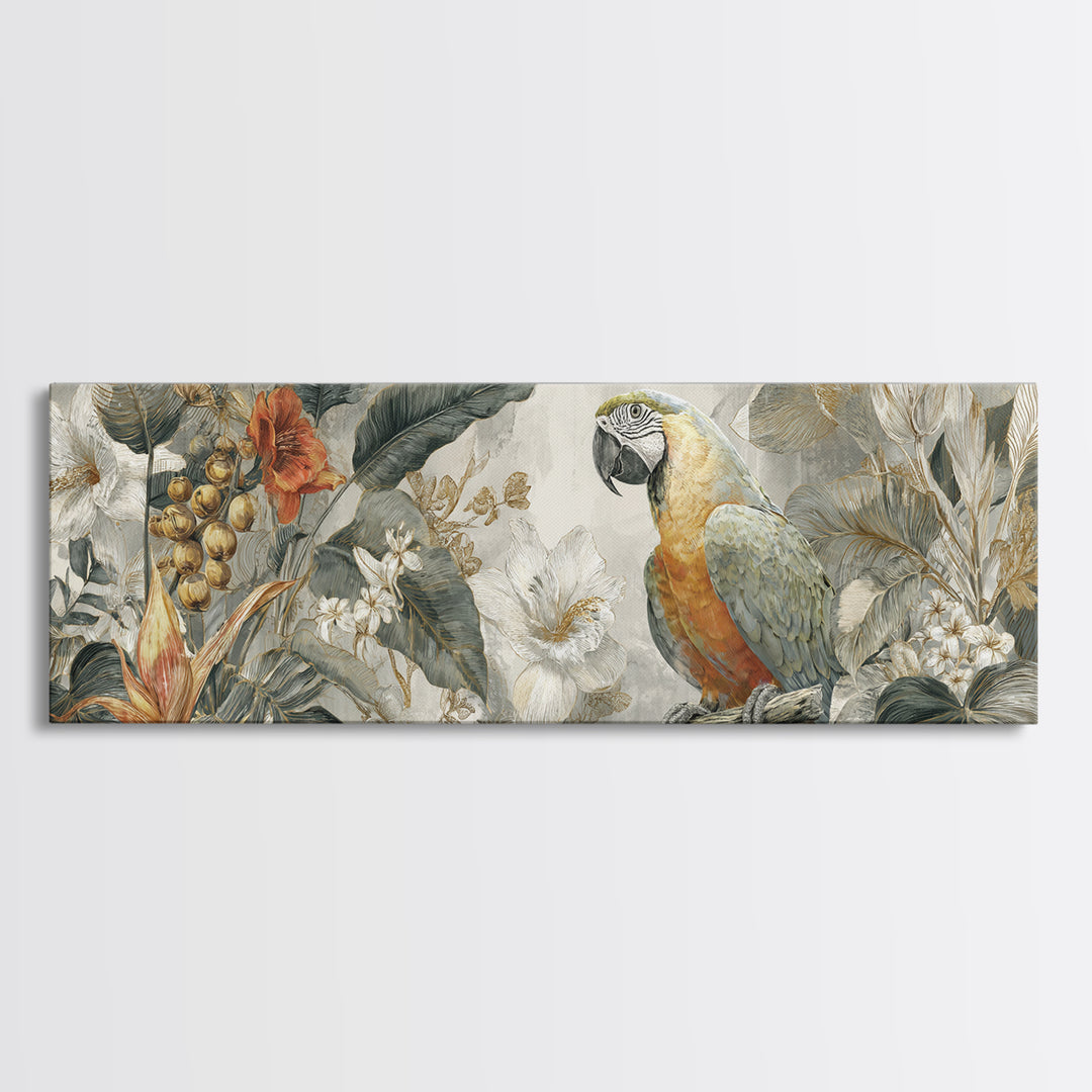 Parrot Among Tropical Leaves and Fruit Canvas Print, Bird Art, Boho Wall Decor, Living Room Decor, Oil Painting, Flight, BIR-3x1-29
