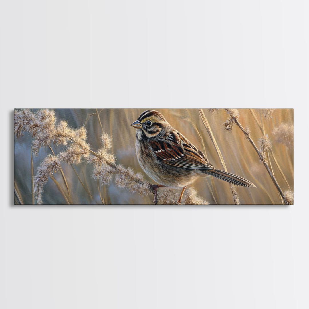 Small Sparrow on Wildflower Stem Canvas Print, Bird Art, Wall Art, Living Room Decor, Watercolor Art, Flight, Japanese Wall Art, BIR-3x1-30