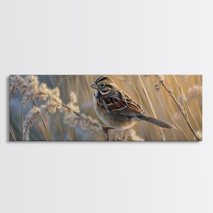 Small Sparrow on Wildflower Stem Canvas Print, Bird Art, Wall Art, Living Room Decor, Watercolor Art, Flight, Japanese Wall Art, BIR-3x1-30
