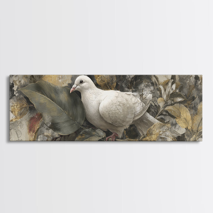 White Dove with Olive Branch and Calm Framed Canvas Print, Bird Art, Floral Art, Living Room Decor, Fine Art, Flight, BIR-3x1-32