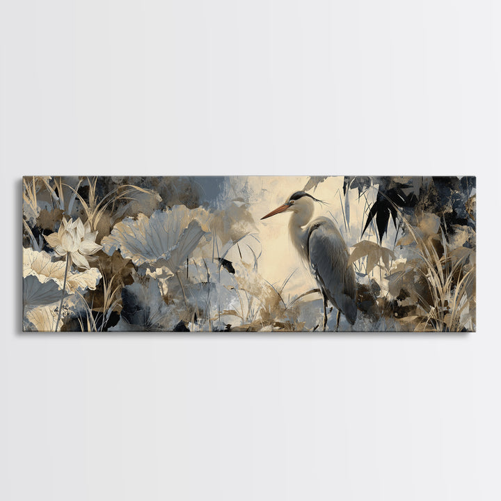 Crane and Lotus Composition Canvas Print, Bird Art, Living Room Decor, Fine Art, Flight, Rustic Home Decor, Floral Art, BIR-3x1-33