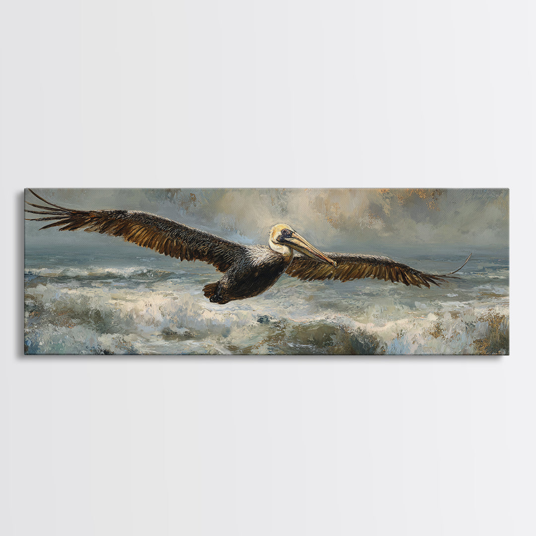 Pelican Flying over Coastal Waves Canvas Print, Bird Art, Original Art, Living Room Decor, Abstract Art, Flight, Mcm Decor, BIR-3x1-34