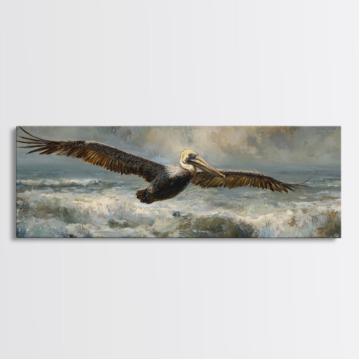 Pelican Flying over Coastal Waves Canvas Print, Bird Art, Original Art, Living Room Decor, Abstract Art, Flight, Mcm Decor, BIR-3x1-34